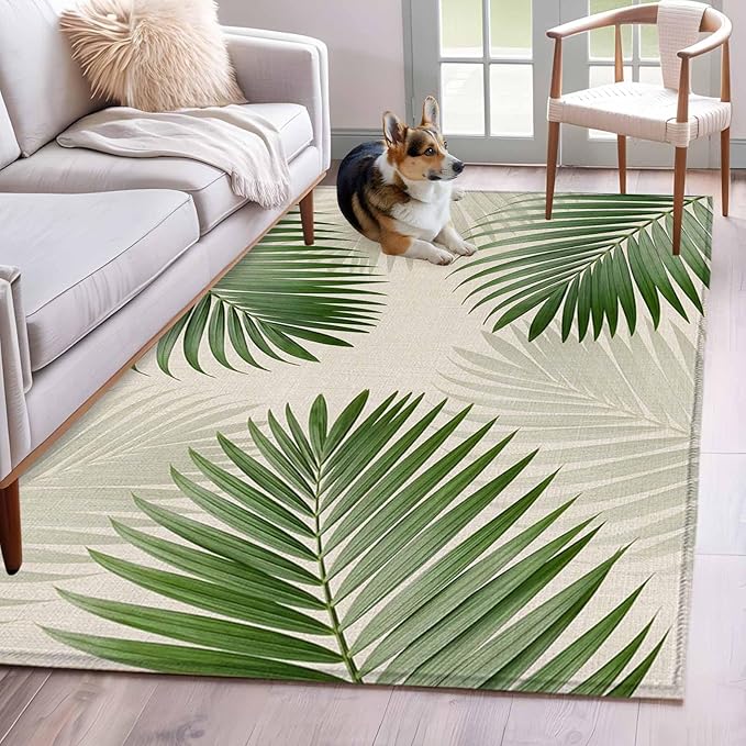 Area Rug 4x6ft, Rustic Sage Green Palm Leaves on Linen Washable Rugs for Living Room Bedroom, Summer Plants Soft Non-Slip Area Rugs Rectangle Floor Carpet for Dining Room