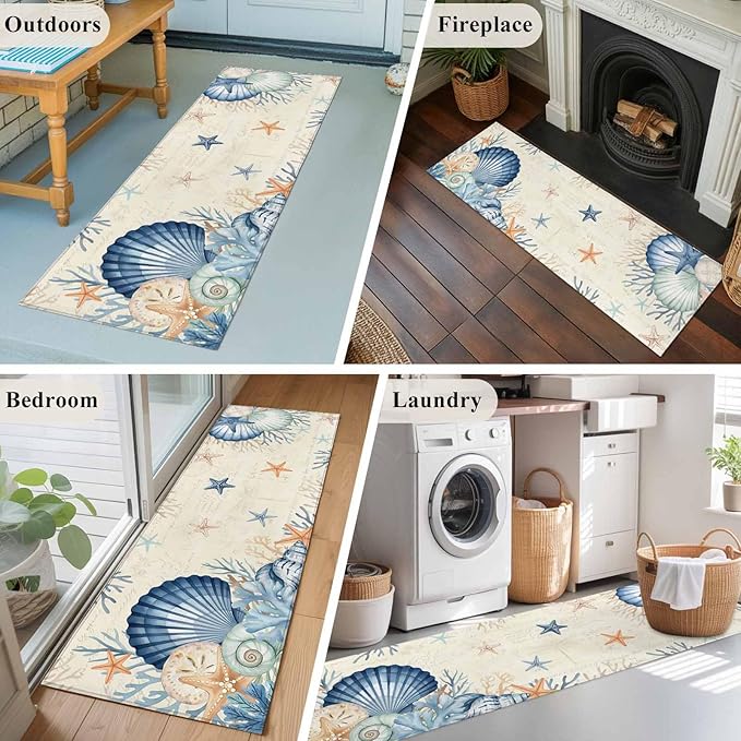 Runner Rug for Bedroom Hallway, Summer Blue Shells Starfish Kitchen Runner Rugs Area Rug 2x6ft, Vintage Coral Shells Fish Washable Soft Floor Carpet for Entryway Stair
