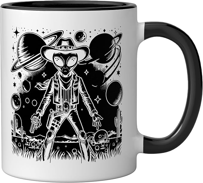 Alien Lover Flying Saucer UFO Extraterrestrial Cowboy Ceramic Mug, Black/White