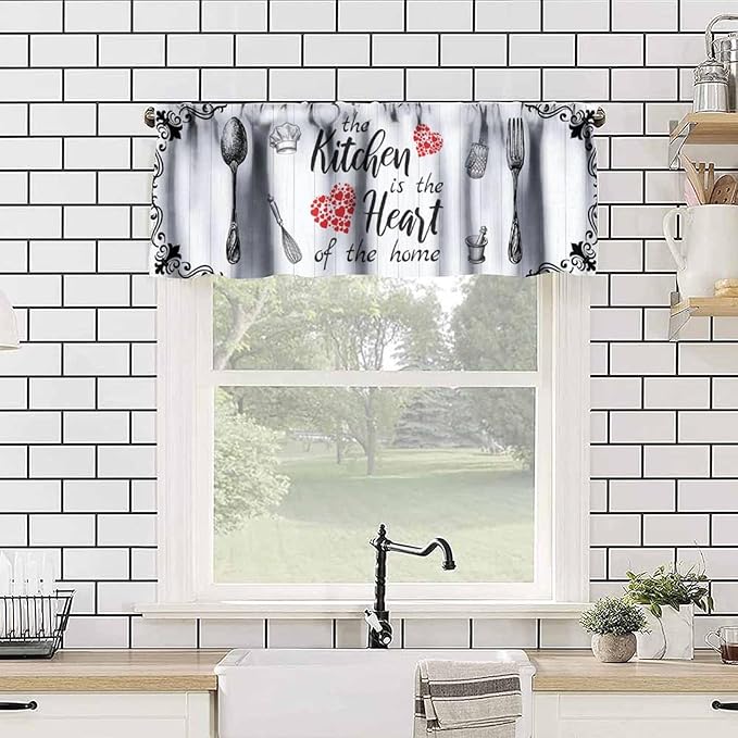 Retro Kitchen Valance, White Black Farmhouse Country Fork Spoon Heart Wooden Farm Short Curtain for Dining Room Bedroom Living Room Resturant Cafe Home Decoration, 54x18Inch