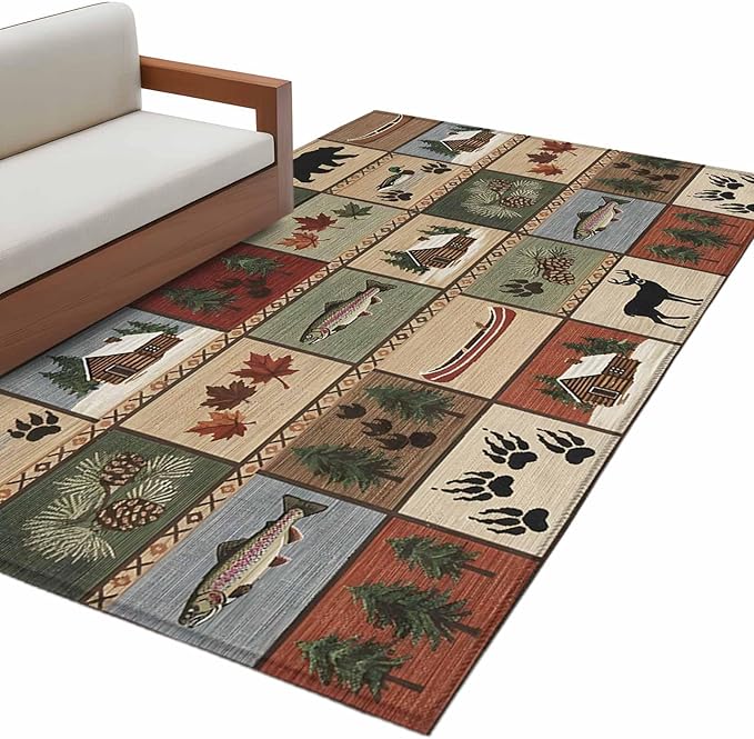 Area Rug 3x5ft, Vintage Bear Forest Deer Fish Village Washable Rugs for Living Room Bedroom, Retro Wildlife Themes Soft Non-Slip Area Rugs Rectangle Floor Carpet for Dining Room