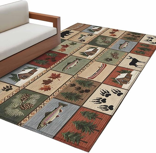 Area Rug 3x5ft, Vintage Bear Forest Deer Fish Village Washable Rugs for Living Room Bedroom, Retro Wildlife Themes Soft Non-Slip Area Rugs Rectangle Floor Carpet for Dining Room
