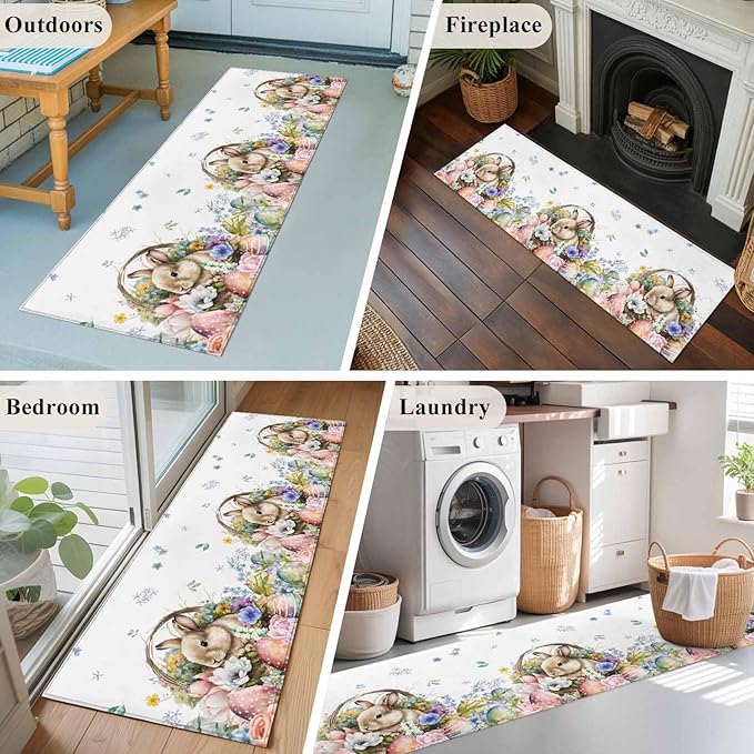 Runner Rug for Bedroom Hallway, Easter Egg Spring Flower Cute Rabbit Kitchen Runner Rugs Area Rug 2x6ft, Blossom Floral on White Washable Soft Floor Carpet for Entryway Stair