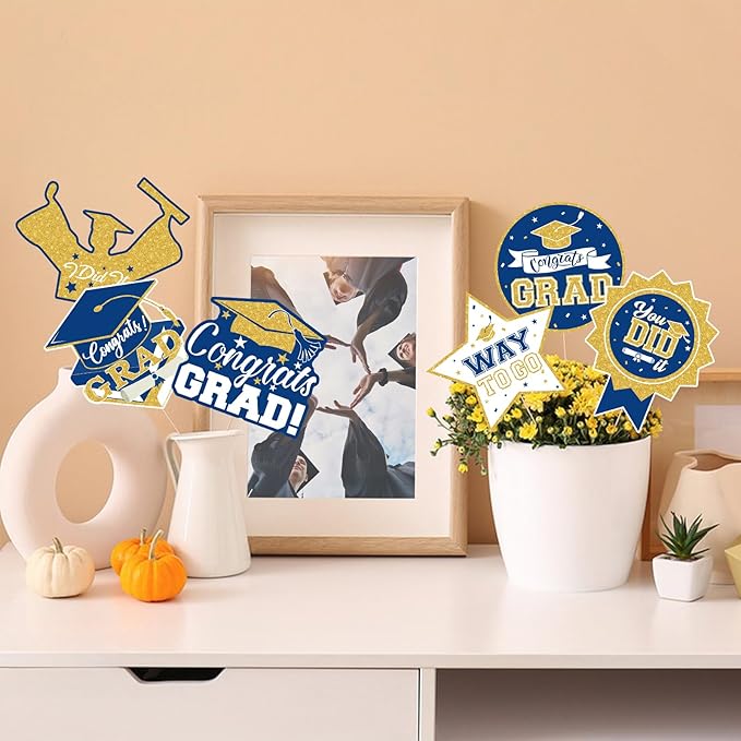 2026 Graduation Party Decorations - 24 Pcs Class of 2026 Congrats Grad Table Centerpieces Graduation Table Decorations Sticks Table Toppers for Graduation Party (Blue Gold)