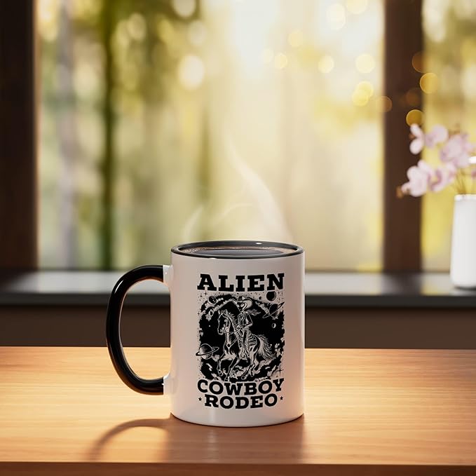 Alien Lover Flying Saucer UFO Extraterrestrial Cowboy Ceramic Mug, Black/White