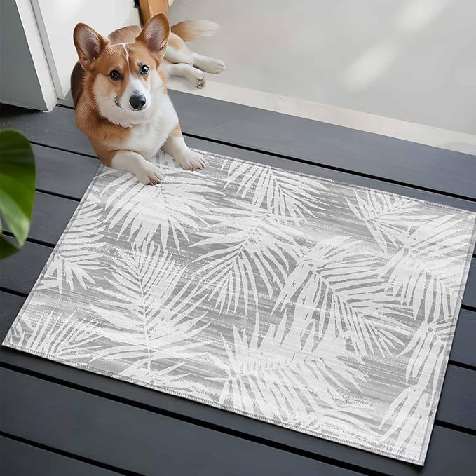 Area Rug 2x3ft, Modern Gray Palm Leaves Washable Rugs for Living Room Bedroom, Boho Tropical Leaves Soft Non-Slip Area Rugs Rectangle Floor Carpet for Dining Room