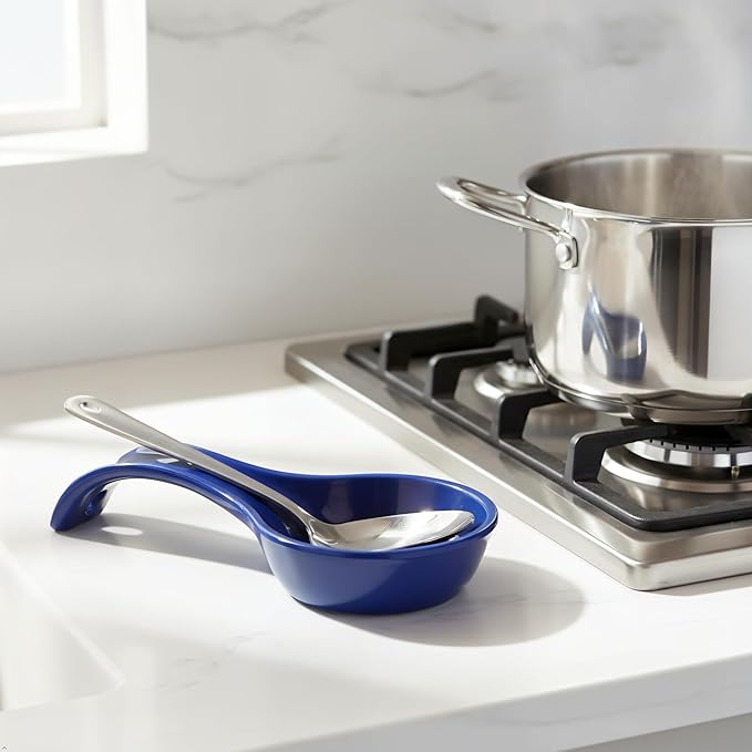 Reston Lloyd Kitchen Counter Utensil Spoon Rest, Ladles, Spaghetti Forks, & Spatulas, Durable BPA-Free Plastic – Dishwasher Safe, Décor, Space Saving Hanging Hole on Handle, Indigo