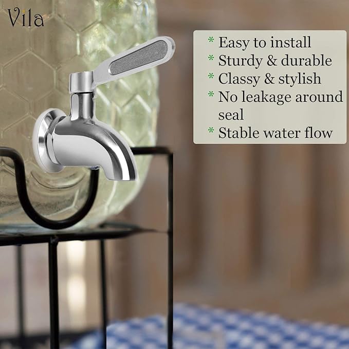 Vila Replacement Spigot for Beverage & Water Dispenser, Stainless Steel No-Rust Spout Faucet, Excellent Continuous Flow, Sturdy Alternative for Flimsy Plastic Taps, Fits Most Water Jugs, Mason Jars