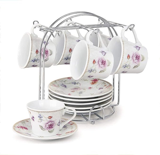 Set of 6 Espresso Cups 2oz. On Metal Stand-Purple Flower
