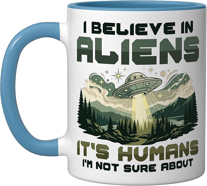 Alien Believer UFO Extraterrestrial Space Lover Ceramic Mug, Blue/White