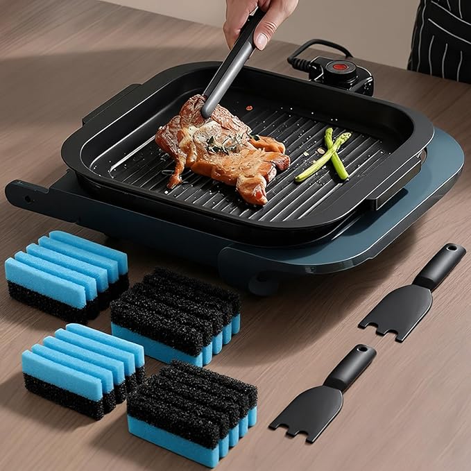 4-Pack Cleaning Sponge 12207 and 2-Pack Grill Scraper for George Foreman Grill, Kitchen Sponges and Scraper Compatible with Most Other Indoor & Outdoor Grills with Grooves and Sandwich Makers