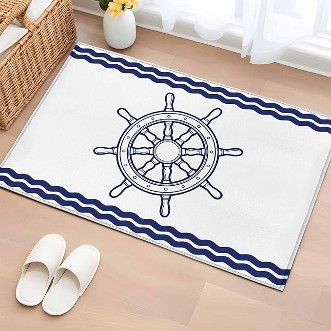 Area Rug 2x3ft, Summer Marine Nautical Ship Rudder Washable Rugs for Living Room Bedroom, Ocean Theme Navy Blue White Soft Non-Slip Area Rugs Rectangle Floor Carpet for Dining Room