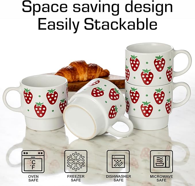 Signature Housewares Stackable Coffee Mug Tower Set with Metal Wire Rack - 15 Ounce Coffee Mugs for Coffee, Tea, Cocoa, Milk, Cappuccino, Hot Chocolate Set of 4 - Strawberry Pattern