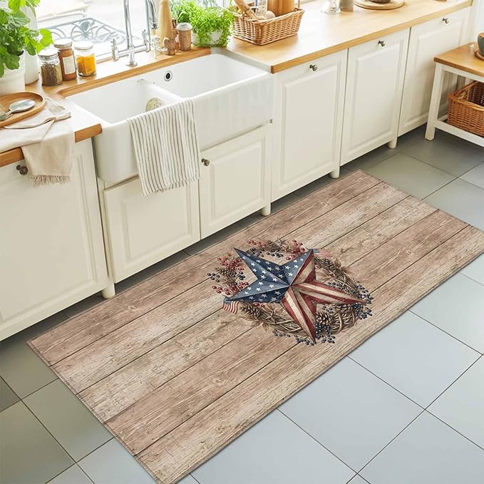 Runner Rug for Bedroom Hallway, Independence Day USA Flag Star Kitchen Runner Rugs Area Rug 2x6ft, Farm Wood Background Washable Soft Floor Carpet for Entryway Stair