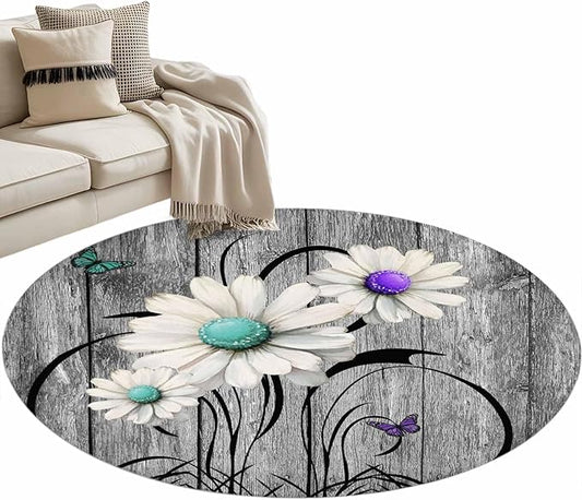 Washable Round Area Rug Farm Daisy Shabby Wood Grain Circle Rugs Floor Carpet for Living Room Bedroom, Vintage Flower Plant Butterfly Soft Non Slip Round Rug 4ft