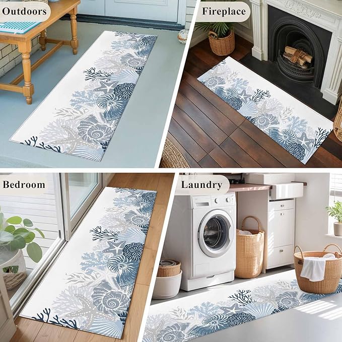 Runner Rug for Bedroom Hallway, Underwater Blue Shells Starfish Coral Kitchen Runner Rugs Area Rug 2x6ft, Summer Botantical Washable Soft Floor Carpet for Entryway Stair