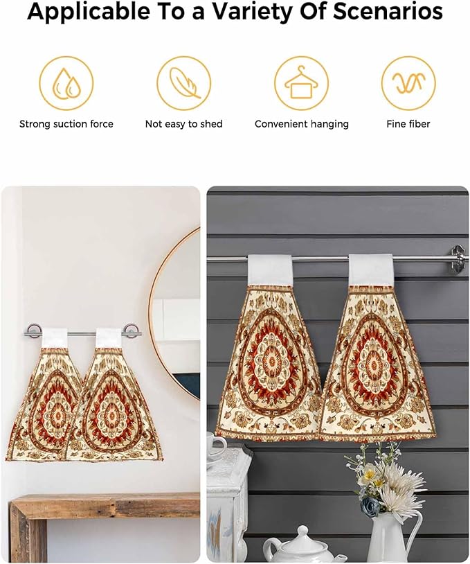 Alandar Home Kitchen Tie Towel Set of 1, Abstract Flower Bohemian Pattern Absorbent Soft Hand Towels for Bathroom Hanging Towels, Blossom Floral Retro Geometric Fast Drying Cleaning Cloth with Loop