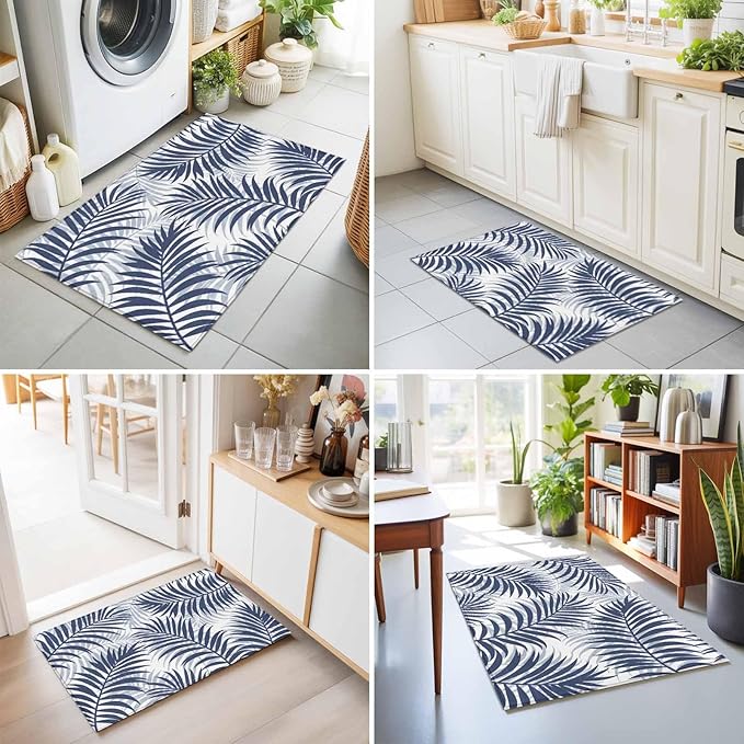 Area Rug 2x3ft, Abstract Navy Blue Palms Leaves Washable Rugs for Living Room Bedroom, Summer Botantical Soft Non-Slip Area Rugs Rectangle Floor Carpet for Dining Room