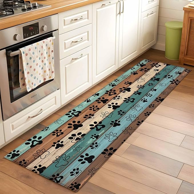 Runner Rug for Bedroom Hallway, Farm Brown Wood Board Kitchen Runner Rugs Area Rug 2x6ft, Dog Paw Print Animal Footprint Washable Soft Floor Carpet for Entryway Stair