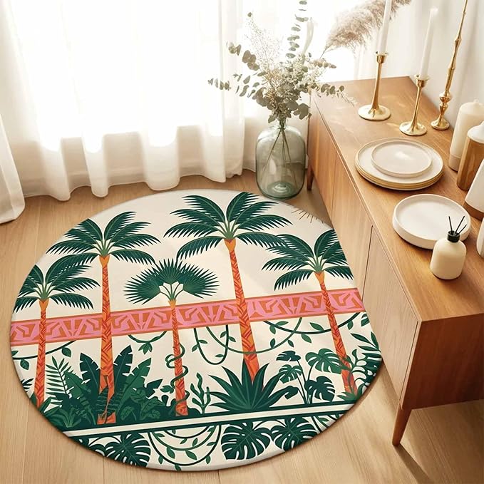 Washable Round Area Rug Vintage Sage Green Tall Palm Trees Circle Rugs Floor Carpet for Living Room Bedroom, Summer Tropical Plants Soft Non Slip Round Rug 3ft