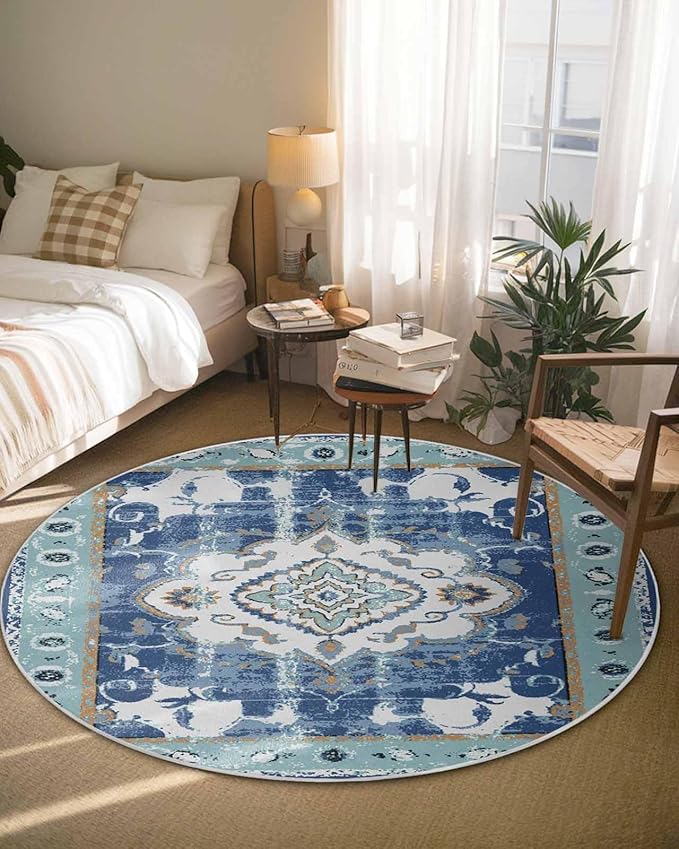Round Area Rug,Abstract Flower Ethnic Tribal Style Circle Living Room Rug Non-Slip Rugs Indoor Carpet,Retro Blue Floral Soft Comfort Rugs for Bedroom KidsRoom Nursery