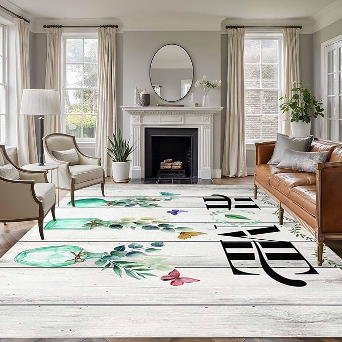 Area Rug 8x10ft, Summer Eucalyptus Leaf Colorful Butterfly Washable Rugs for Living Room Bedroom, Home Text Wood Plank Soft Non-Slip Area Rugs Rectangle Floor Carpet for Dining Room