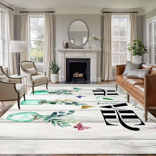 Area Rug 8x10ft, Summer Eucalyptus Leaf Colorful Butterfly Washable Rugs for Living Room Bedroom, Home Text Wood Plank Soft Non-Slip Area Rugs Rectangle Floor Carpet for Dining Room