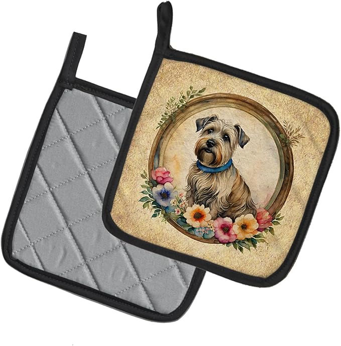 Caroline's Treasures Glen of Imaal Terrier and Flowers Pair of Pot Holders Kitchen Heat Resistant Pot Holders Sets Oven Hot Pads for Cooking Baking BBQ, 7 1/2 x 7 1/2