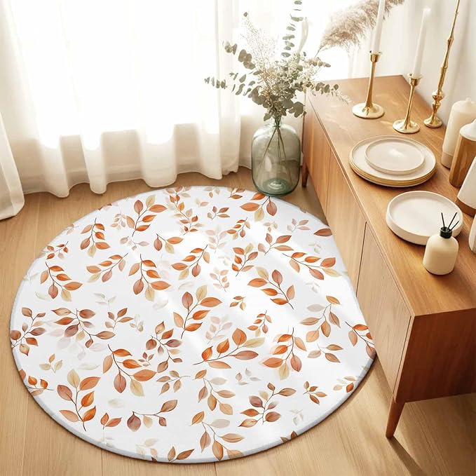 Washable Round Area Rug Autumn Orange Leaf Botanical Circle Rugs Floor Carpet for Living Room Bedroom, Abstract Vine Pattern Soft Non Slip Round Rug 3ft