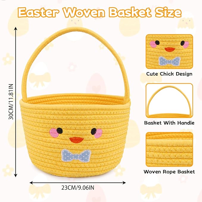 Easter Basket, Easter Baskets for Kids,Empty Chick Woven Rope Cotton for Eggs,Easter Egg Hunt Storage Bin with Handle, Baby Nursery Candy for Toddler, Boys and Girls, 9''×12''