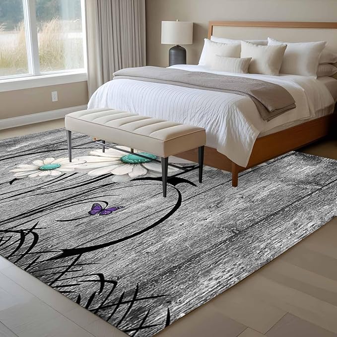 Area Rug 6x9ft, Farm Daisy Shabby Wood Grain Washable Rugs for Living Room Bedroom, Vintage Flower Plant Butterfly Soft Non-Slip Area Rugs Rectangle Floor Carpet for Dining Room