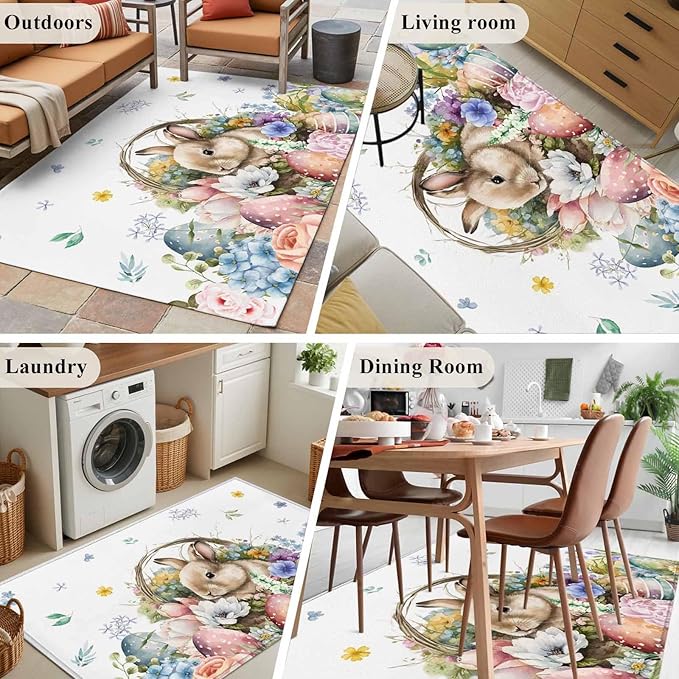 Area Rug 4x6ft, Easter Egg Spring Flower Cute Rabbit Washable Rugs for Living Room Bedroom, Blossom Floral on White Soft Non-Slip Area Rugs Rectangle Floor Carpet for Dining Room