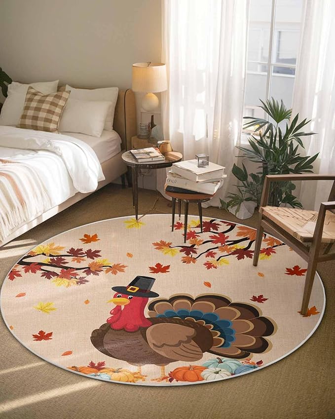 Round Area Rug,Turkey Orange Fallen Leaves Thanksgiving Pumpkin Circle Living Room Rug Non-Slip Rugs Indoor Carpet,Vintage Linen Soft Comfort Rugs for Bedroom KidsRoom Nursery