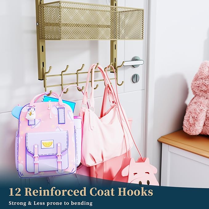 Consumest Over The Door Hooks Organizer - 4 Tier Door Coat Rack with 3 Baskets and 12 Hooks, Stainless Steel Towel Hanger for Bedroom, Bathroom, Living Room, Gold