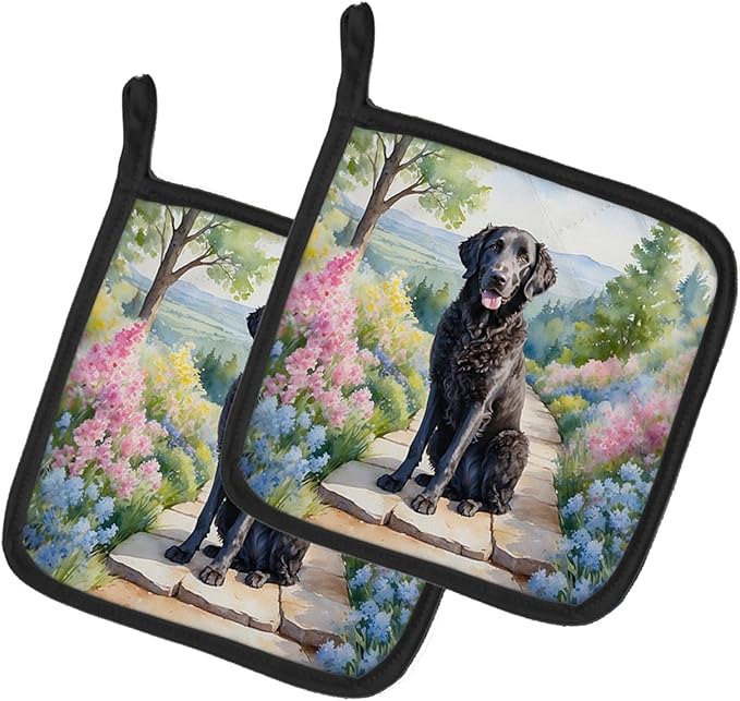 Caroline's Treasures Curly-Coated Retriever Spring Path Pair of Pot Holders Kitchen Heat Resistant Pot Holders Sets Oven Hot Pads for Cooking Baking BBQ, 7 1/2 x 7 1/2