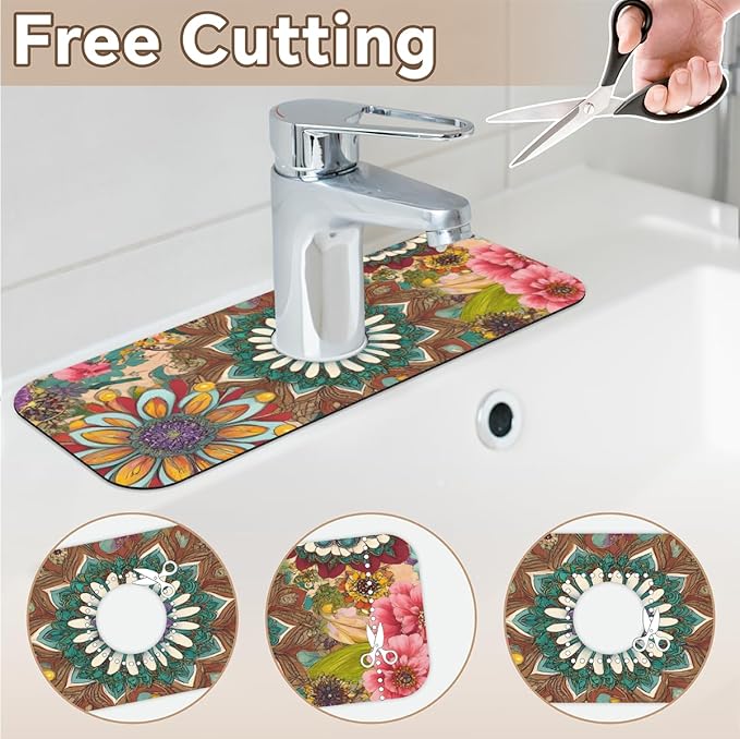 Bohemian Floral Sink Faucet Mat, Vintage Kitchen Faucet Absorbing Mat, Diatomaceous Earth Sink Splash Guard for Kitchen & Bathroom, Exotic Home Decor Accessory, 15.4"x5.7"