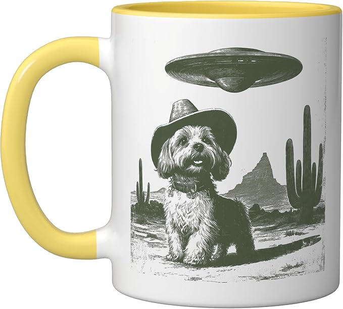 Retro Cowboy Dog UFO Desert Landscape Art Ceramic Mug, Yellow/White