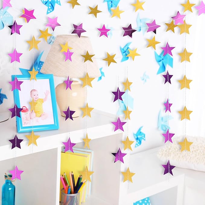 Patelai 130 Feet Glitter Star Garland Banner 2026 Party Decoration Double Side Star Hanging String Streamer Paper Twinkle for Graduation Wedding Birthday (Gold and Purple)