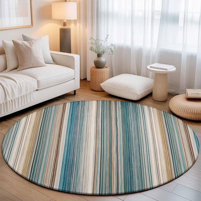 Washable Round Area Rug Minimalist Vertical Stripes Circle Rugs Floor Carpet for Living Room Bedroom, Retro Boho Lines Soft Non Slip Round Rug 5ft