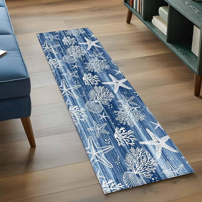 Navy Blue Coastal 2x6 Kitchen Runner Rug, Ocean Coral Starfish Non-Skid Rubber Backing Large Rectangle Rugs - Living Room Bedroom Home Office, Summer Beach Indoor Floor Mat Carpets Washable Rug