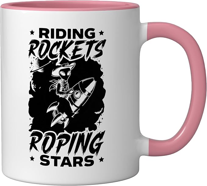 Alien Lover Flying Saucer UFO Extraterrestrial Cowboy Ceramic Mug, Pink/White
