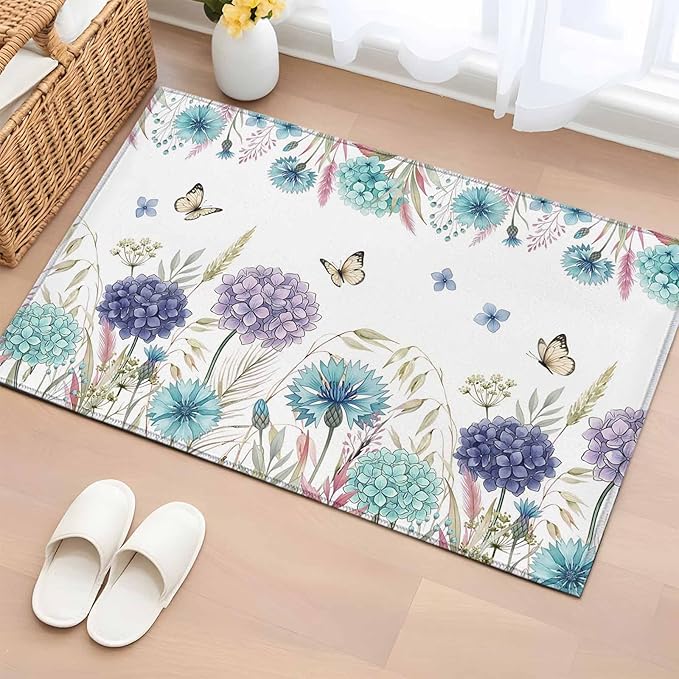 Area Rug 2x3ft, Spring Flower Thistle Hydrangea Washable Rugs for Living Room Bedroom, Wild Garden Floral Butterfly Soft Non-Slip Area Rugs Rectangle Floor Carpet for Dining Room