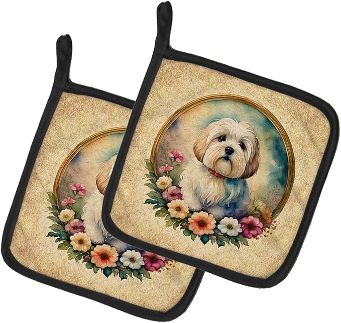 Caroline's Treasures Coton De Tulear and Flowers Pair of Pot Holders Kitchen Heat Resistant Pot Holders Sets Oven Hot Pads for Cooking Baking BBQ, 7 1/2 x 7 1/2