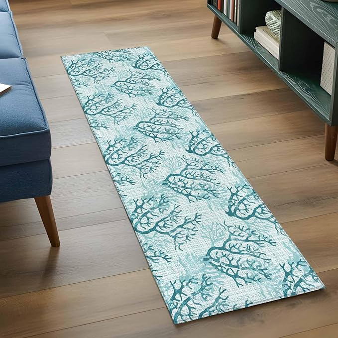 Runner Rug for Bedroom Hallway, Coastal Sea Coral Retro Linen Kitchen Runner Rugs Area Rug 2x6ft, Underwater Ocean Life Washable Soft Floor Carpet for Entryway Stair