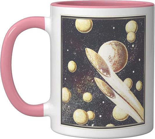 Retro Sci-Fi UFOs Flying Saucers Through Space Ceramic Mug, Pink/White