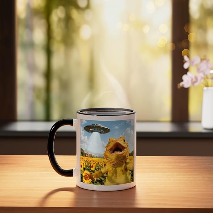Funny Bearded Dragon Selfie with Alien UFO Ceramic Mug, Black/White