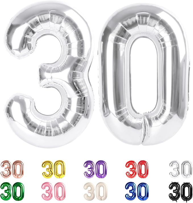 30 Balloon Numbers, Number Balloons 40 In 30th Birthday Decorations for Her Him, Silver Birthday Party Decorations for Wedding, Celebration Party, Graduations