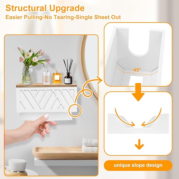 Qivine Paper Towel Dispenser Wall Mount, 2-in-1 Wooden Paper Towel Holder, Toilet Napkin Holder Dispenser with Lid Removable Top Tray for Bathroom Kitchen Decor Home and Commercial (White)