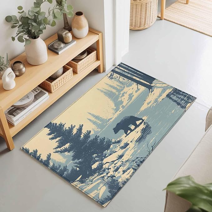 Area Rug 2x3ft, Winter Bear Evergreen Trees Washable Rugs for Living Room Bedroom, Rustic Snow River Soft Non-Slip Area Rugs Rectangle Floor Carpet for Dining Room