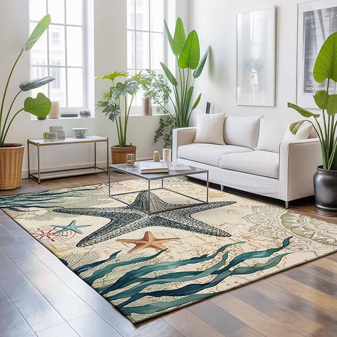 Area Rug 8x10ft, Nautical Starfish Teal Seaweed Starfish Washable Rugs for Living Room Bedroom, Marine Life Soft Non-Slip Area Rugs Rectangle Floor Carpet for Dining Room